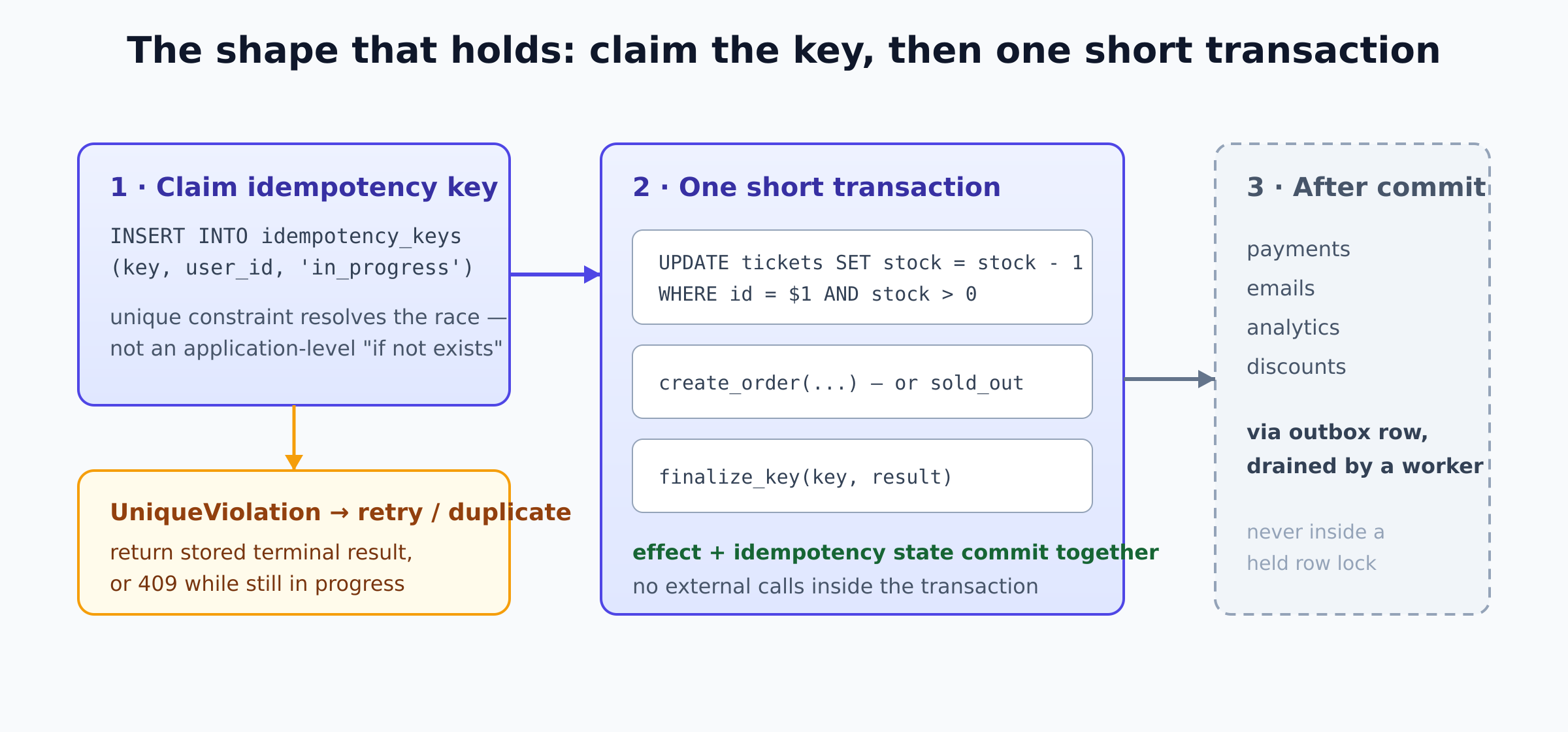Three-stage flow of the durable design: claim the idempotency key with a unique constraint, run one short transaction containing the conditional update, order creation, and key finalization, and push payments, emails, and analytics to an after-commit outbox worker